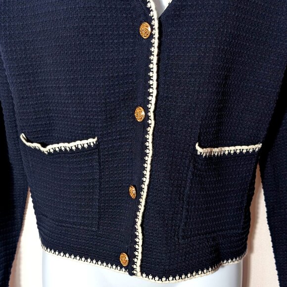 SIMONS CONTEMPORAINE Cropped cardigan Sz MED 100% COTTON ENGRAVED METAL BUTTONS - Picture 2 of 10